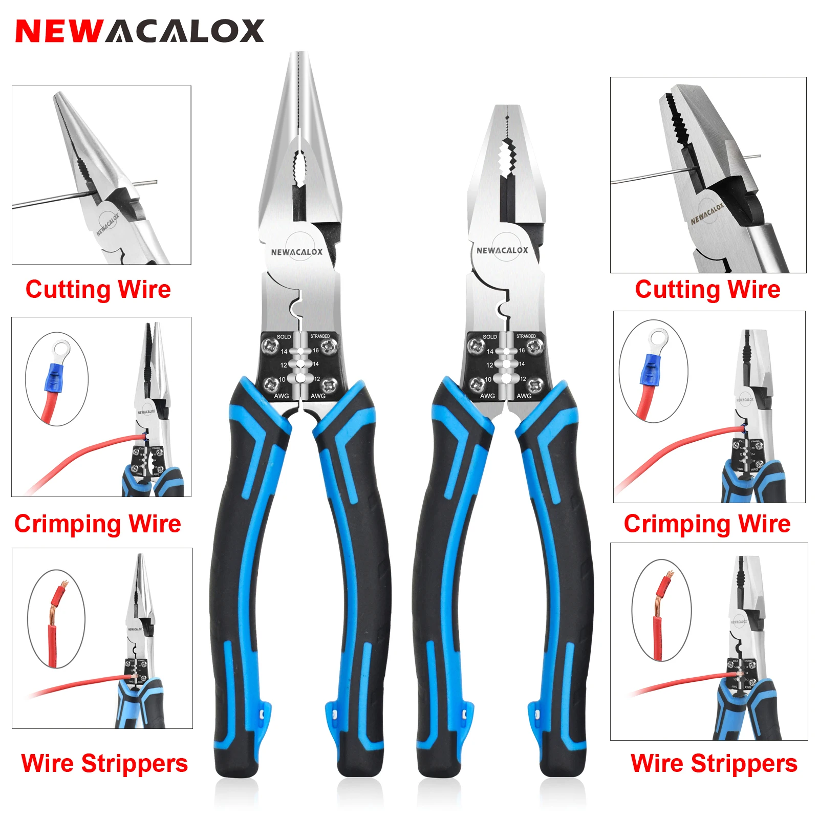 

NEWACALOX 8 Inch Long Nose Pliers / Wire Pliers with Wire Stripper/Crimper/Cutter Function Pliers Tool for Crimping, Stripping