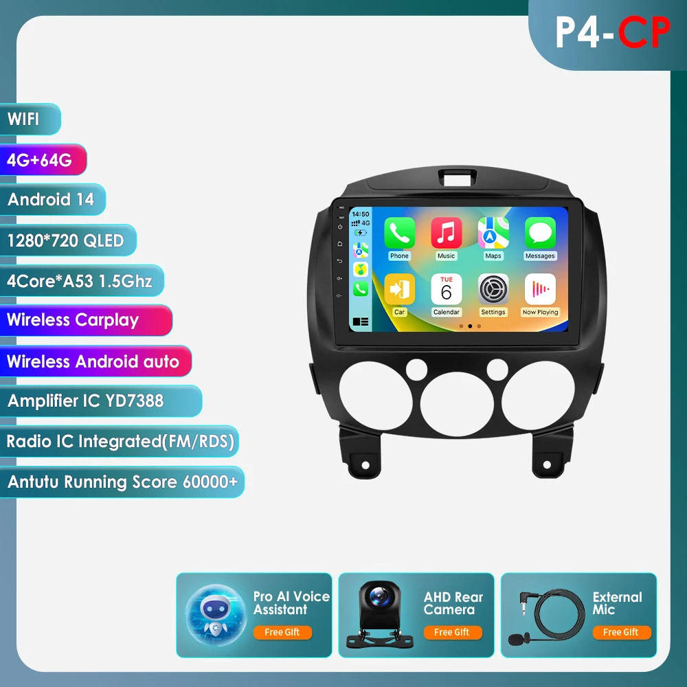 360 Camera 2Din Android 14 Autoradio Voor Mazda 2 2007 2008-2014 Auto Multimedia GPS 4G Carplay intelligente Scherm autoradio 6115