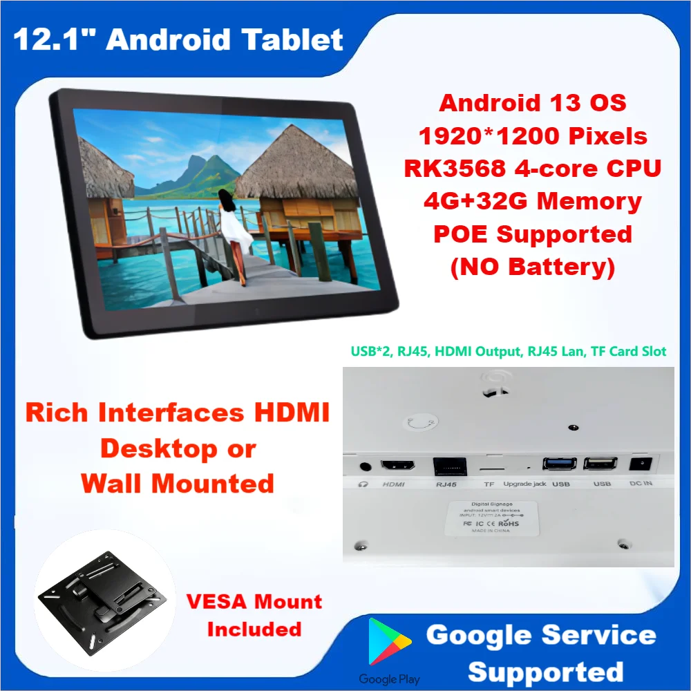 

Wall Mount 12 Inch Android 13 POE HDMI Tablet, 1920*1200 Touch Screen Smart Home Panel, Surveillance Display Video Monitor