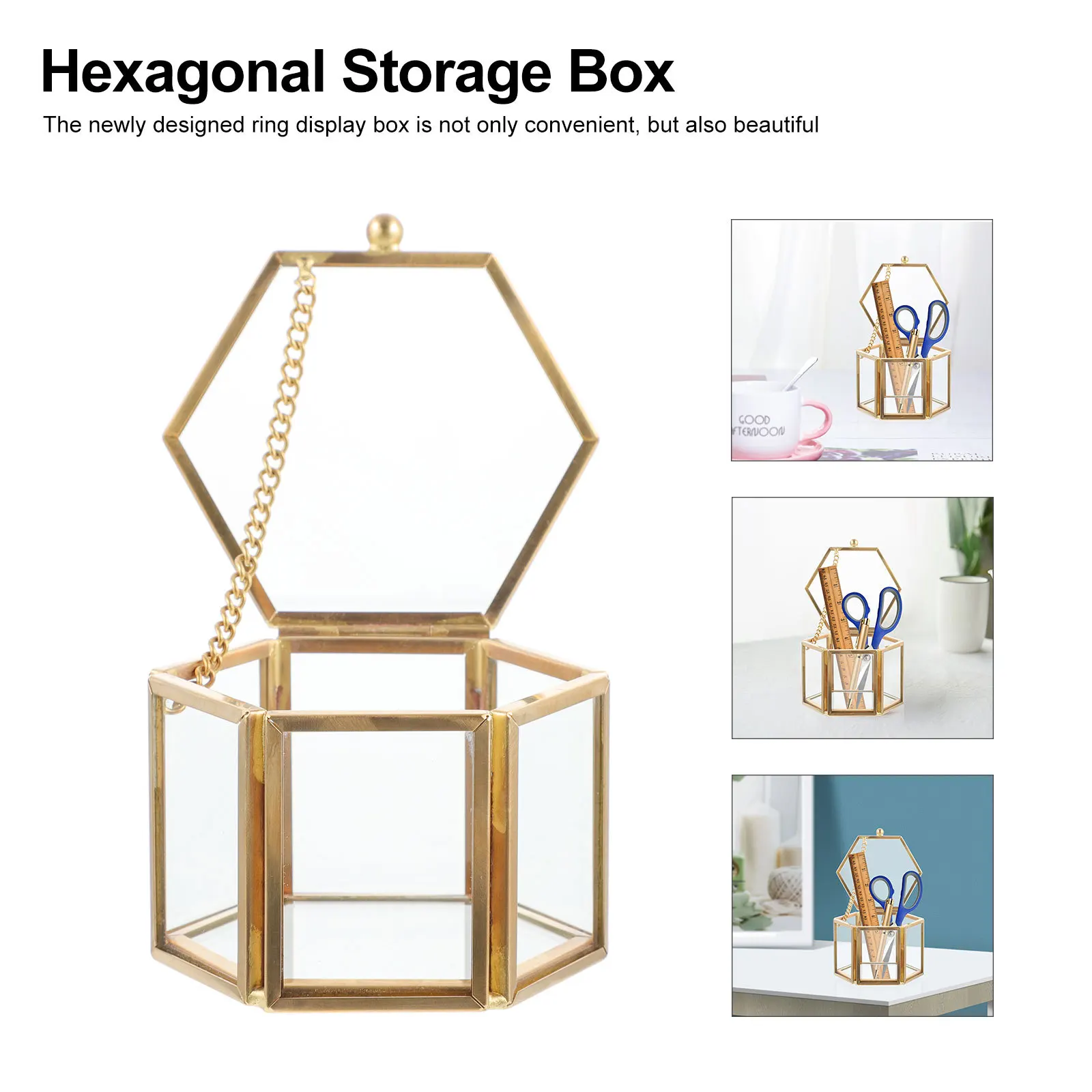 1Pcs Glass Brass Hexagonal Transparent Jewelry Box Vintage Style Wedding Ring Holder Jewelry Storage Organizer Gift