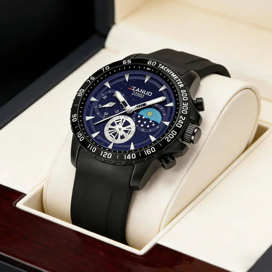 Business Leather Quartz Wrist Watch For Men Large Dial Starry Sky Luminous Fashion Casual Style