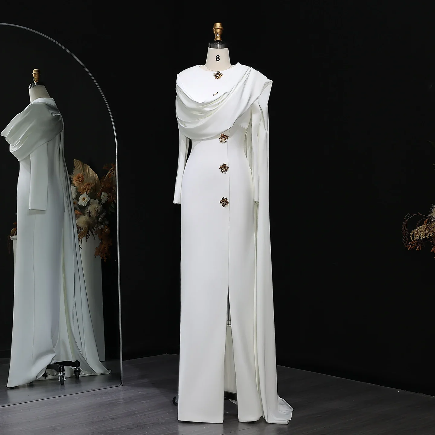 

Customized Formal Jersey Straight Crystal Flowers Evening Dress Delicate Long Sleeves O-neck Floor Length Celebrity Gowns