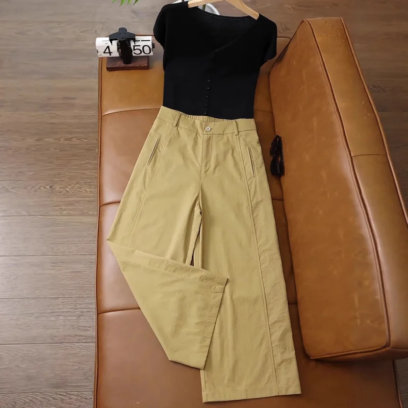 

Mugwort Yellow Straight-Leg Pants for Women, Summer Thin Casual Loose Pants