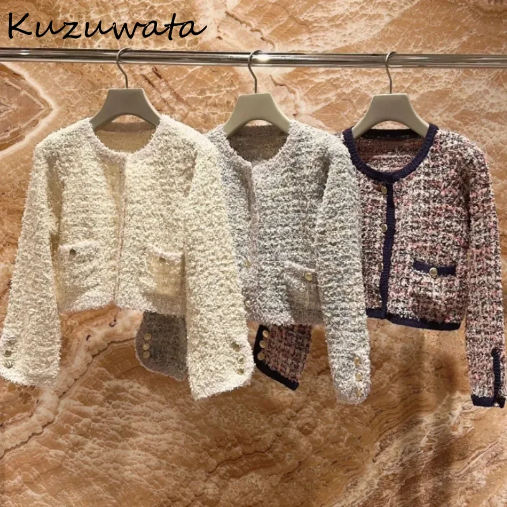 Kuzuwata Sweet O Neck French Style Tweed All-match Jacket Knit Small Fragrance Casual Cardigan Japan Moda Panelled Veste Femme