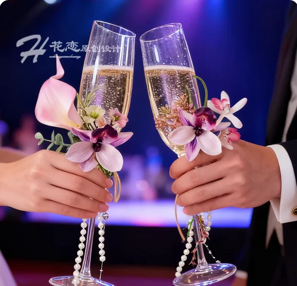 

Свадебный тост, стеклянные декоративные цветы, свадебный креативный кубок Мори для невесты и жениха, имитационный букет из стекла шампанского.