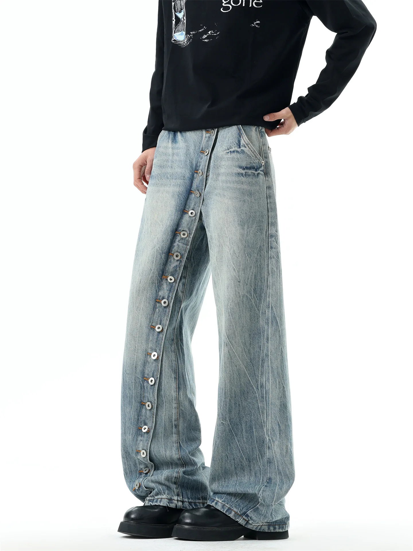 Fashion Men's Multi Button Jeans American Retro Washed Distressed Texture Denim Pants Casual Loose Single-breasted Trousers