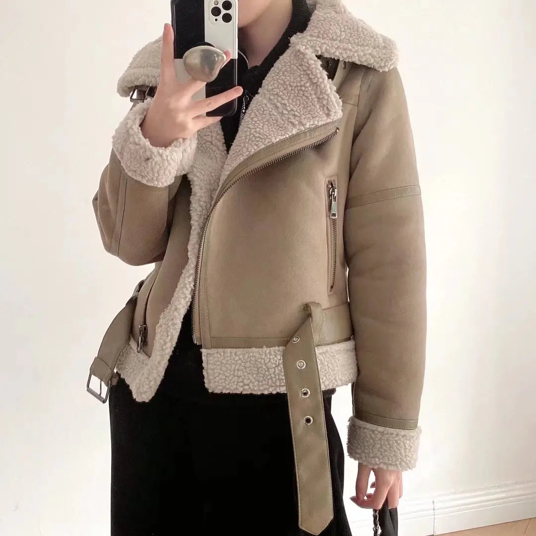 RZRA autumn and winter new 2024 women's thickened suede fur all-in-one motorcycle style lamb wool double-sided jacket