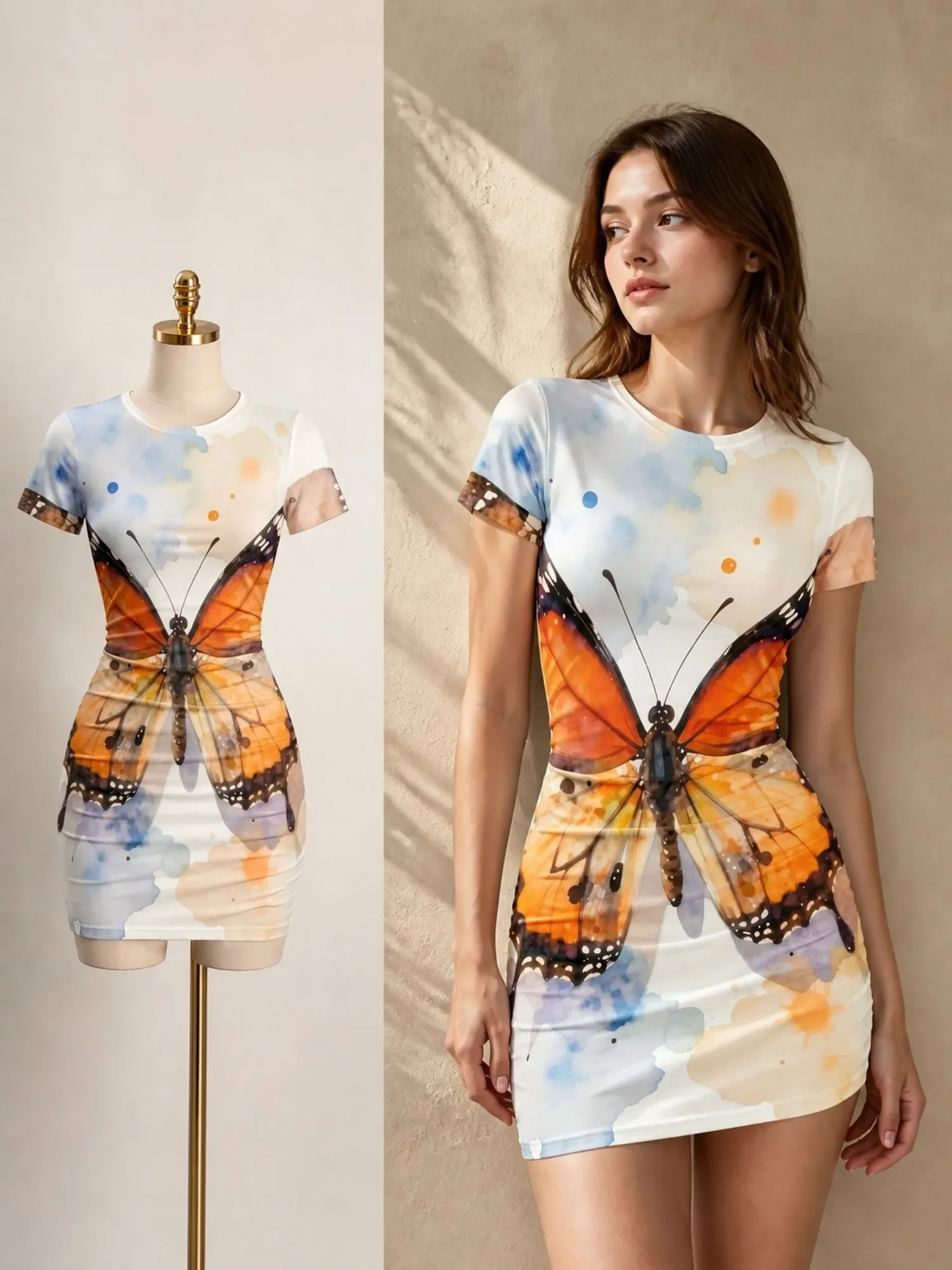 Womens Short Sleeve Bodycon Mini Dress Elegant Sexy Slim O-Neck Butterfly Floral Print Short Dress Casual Summer Party Dresses