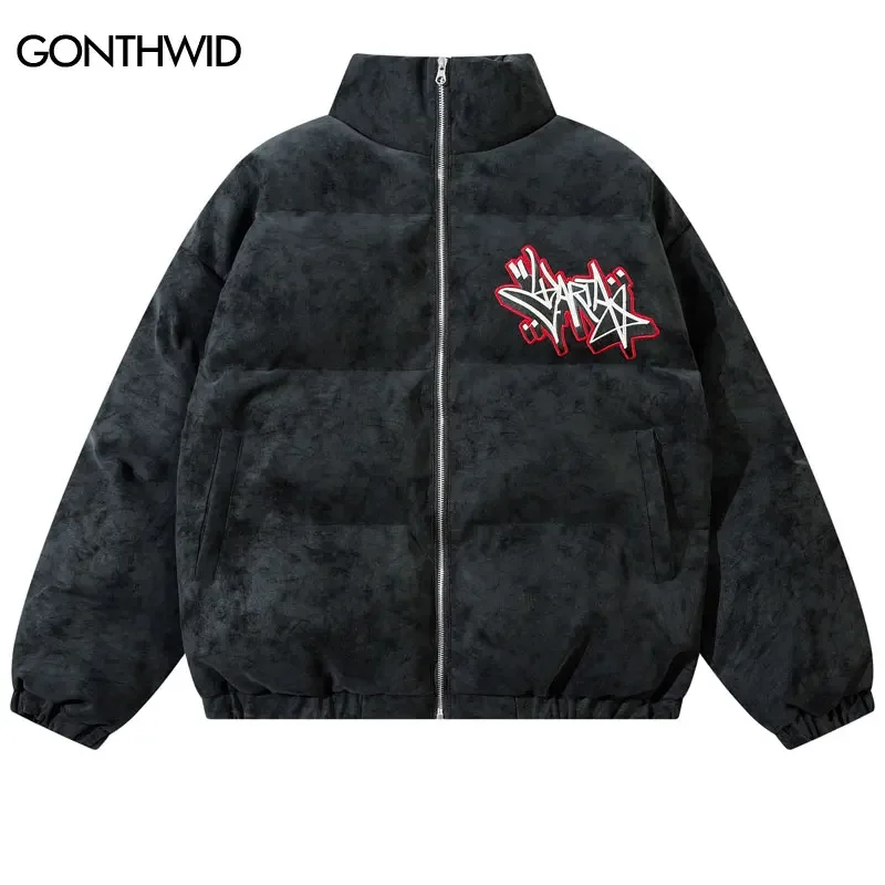 Vintage Leather Jackets Y2K Winter Embroidered Waterproof Windbreaker Coats Parkas Streetwear Hip Hop Thick Warm Padded Jacket