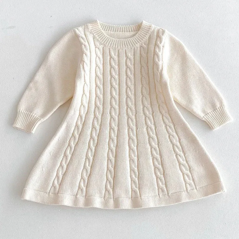The new Korean version of the girl long -sleeved knitted dress spring and autumn girl children's knitted hoods, old baby dress