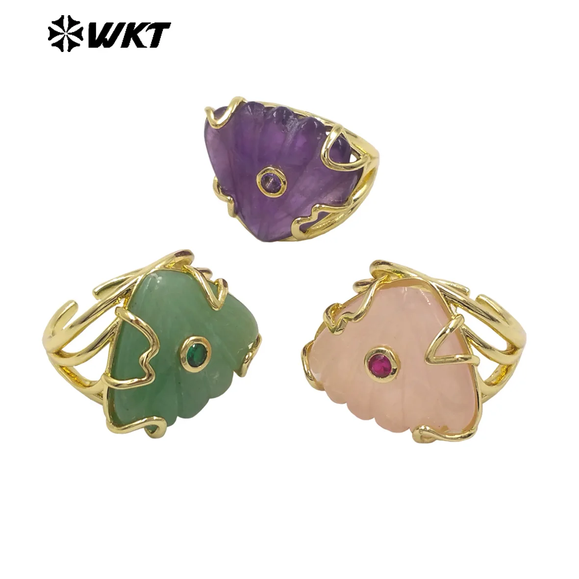 WT-R614 Triangle Shape Colored Stone With 18k Gold Plated Charms Zircon Paved Rings For Women Daily Decorated