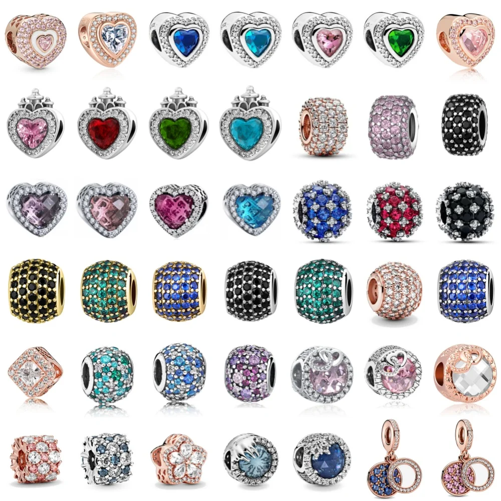 

925 Silver Sparkling colorful zircon Love Heart-shaed circle beads Charm Fit Original Bracelets Women Jewelry making DIY Pendant