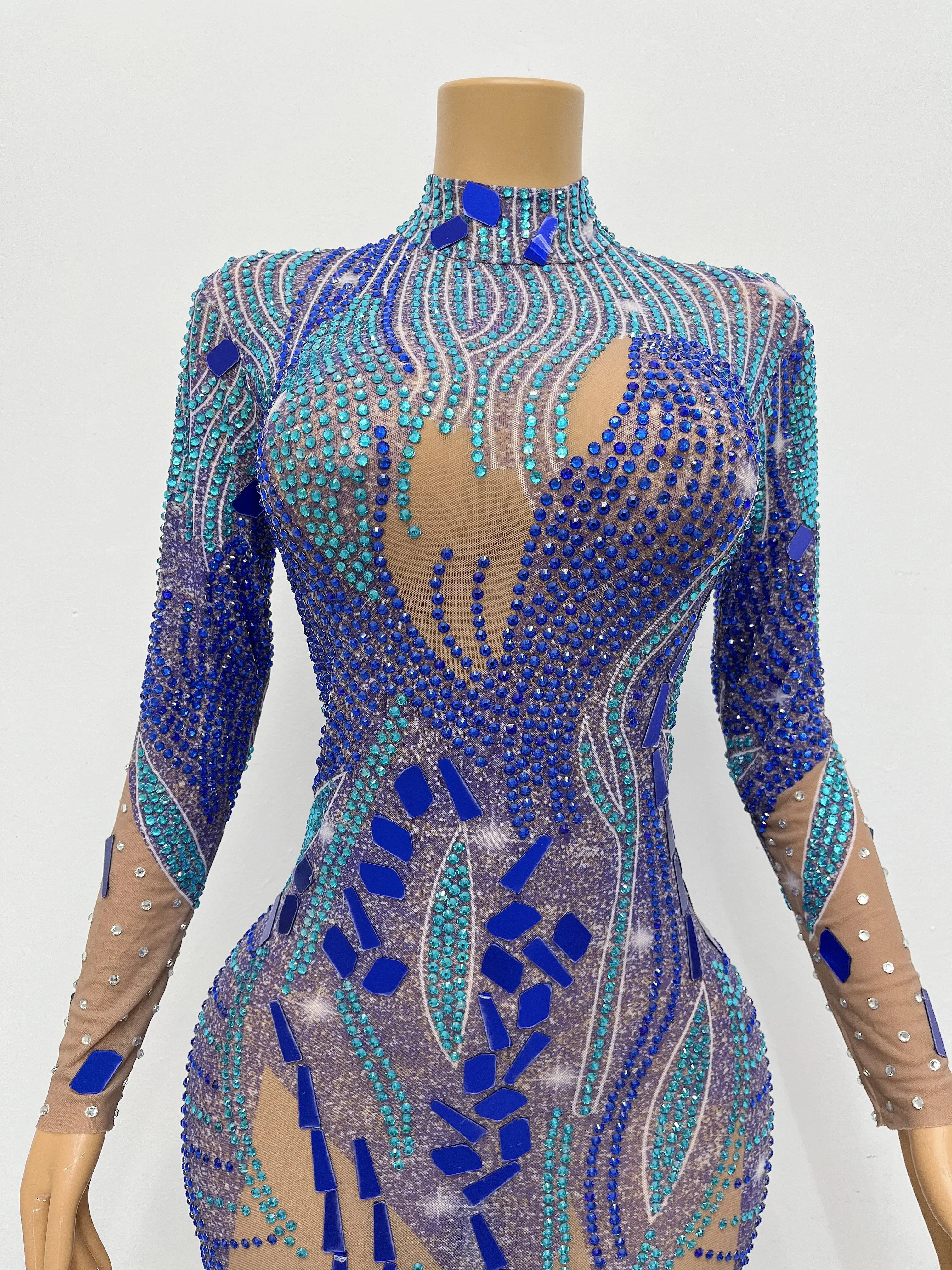 Sequins Beads Performance Sexy Dance Outfit Costume Evening Celebrate luxurious Blue Mirrors Rhinestones Dress