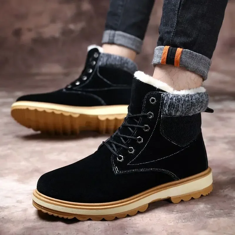  2025 شتاء جديد الكورية نمط الرجال عالية أعلى الدانتيل يصل أحذية العمل صوف مبطن المضادة للانزلاق سميكة الدافئة خمر الثلوج الأحذية #1