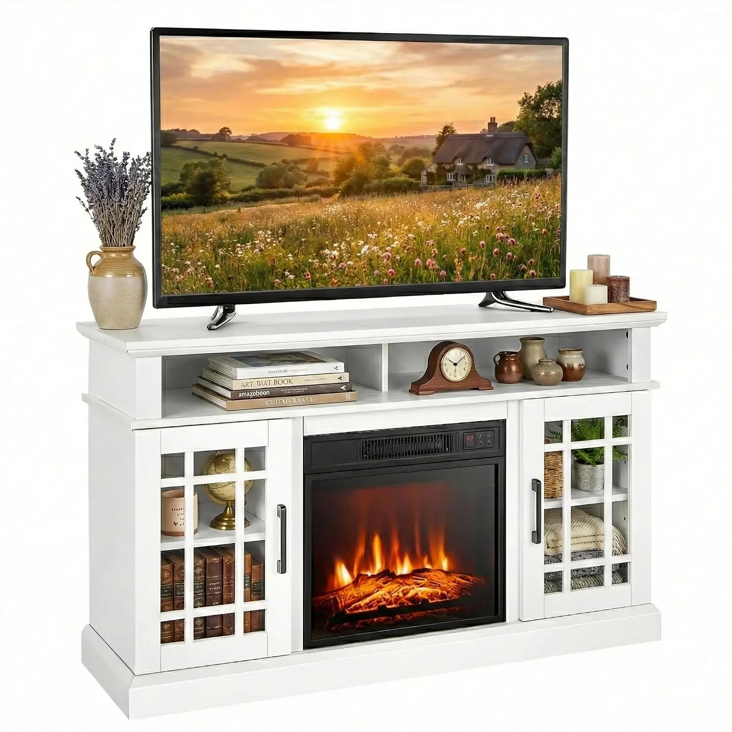 SIMOE 48Inch White Electric Fireplace TV Stand With Remote & Adjustable Flame, Media Console For Living Room, Customized