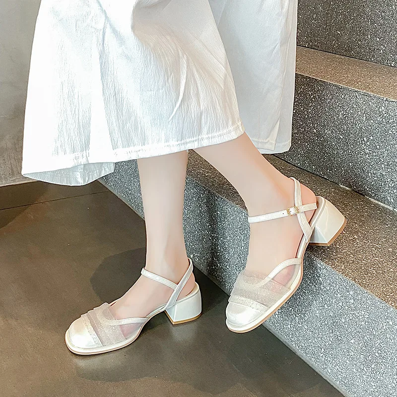 2024 Spring New Online Influencer Fashion Gentle Elegant French Closed Toe Sandals One-Suit Skirt Western Style Low Heel Shoes