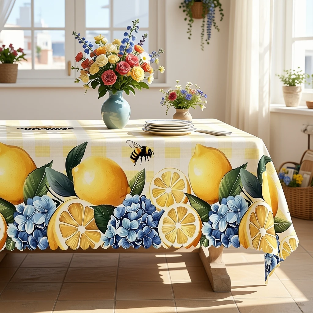 Summer Lemon Tablecloth with Citrus & Hydrangeas for Indoor/Outdoor Camping decor, Rectangular/Round/Oval