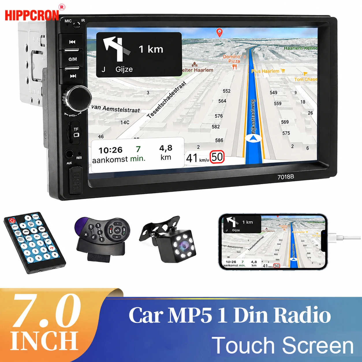 Hippcron 7 Zoll HD Touchscreen 1 Din Autoradio MP5-Player FM AUX BT USB Mirror Link Autoradio Rückfahrkamera-Unterstützung