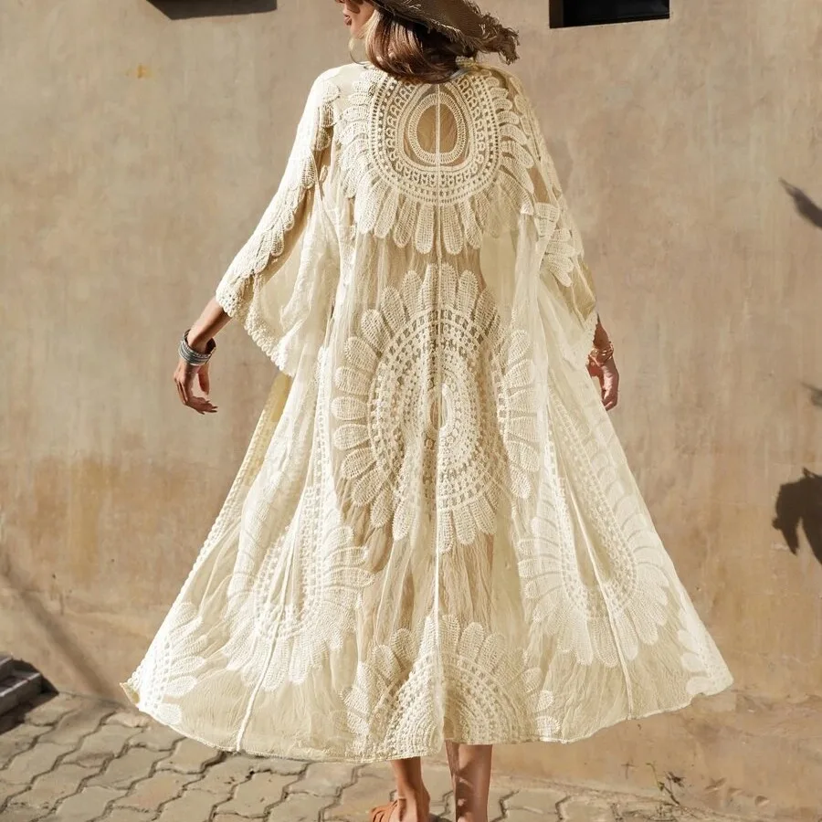 ชุดคลุมบิกินี่แบบยาว แขนยาว ผ้าถักโครเชต์ โชว์หลังสวย โปร่งแสง ลายฉลุ สำหรับใส่ไปทะเล