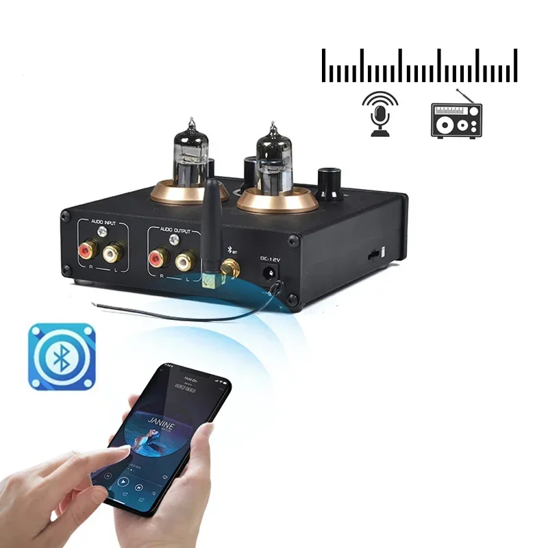 DC12V 6J5 Vacuum Tube Preamp NE5532 Headphone Bluetooth 5.0 Audio Amplifier HiFi Stereo Preamplifier Home Theater Pre AMP