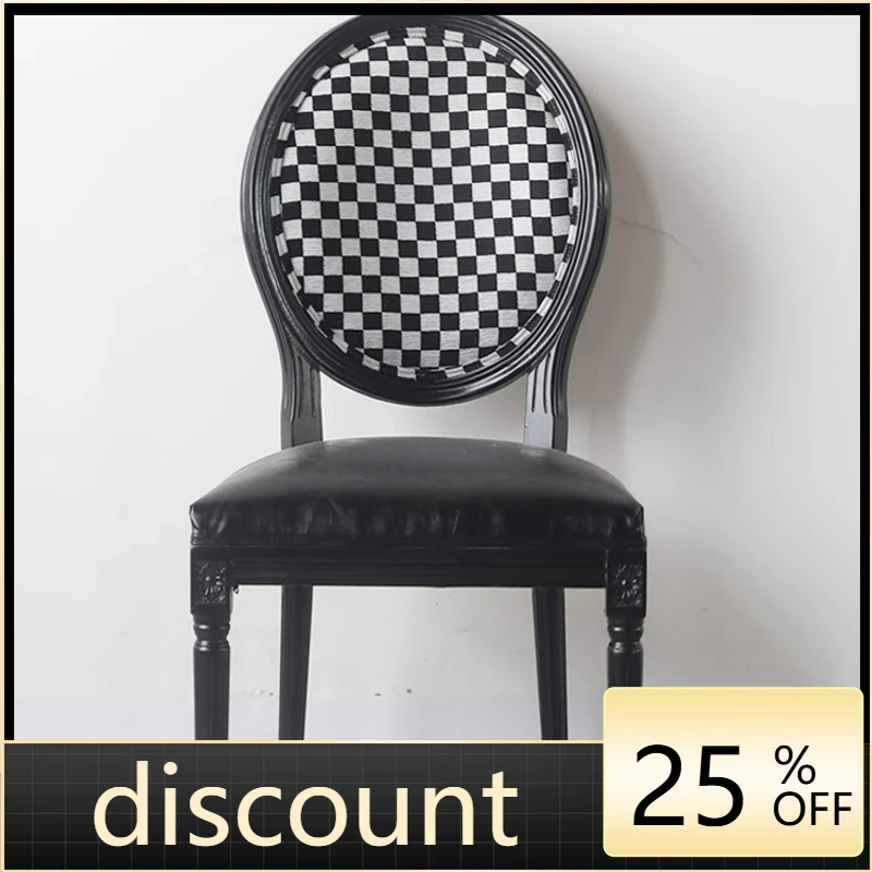 LTT light French black dining chair checkerboard backrest minimalist modern round back solid wood chair