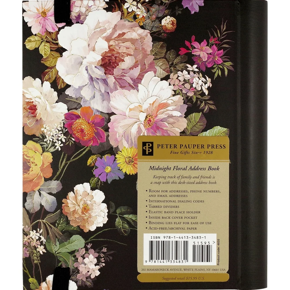 Libro degli indirizzi floreali di mezzanotte con copertina rigida, 132 pagine, divisori con linguette, tasca con chiusura elastica, strumento di organizzazione dal design durevole
