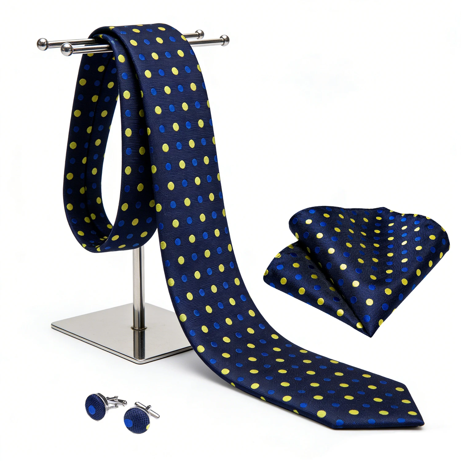 

Men Tie Handkerchief Cufflinks Set Woven Dots Necktie For Wedding Party Business Male Ties Gift Blue Purple Green Casual Formal