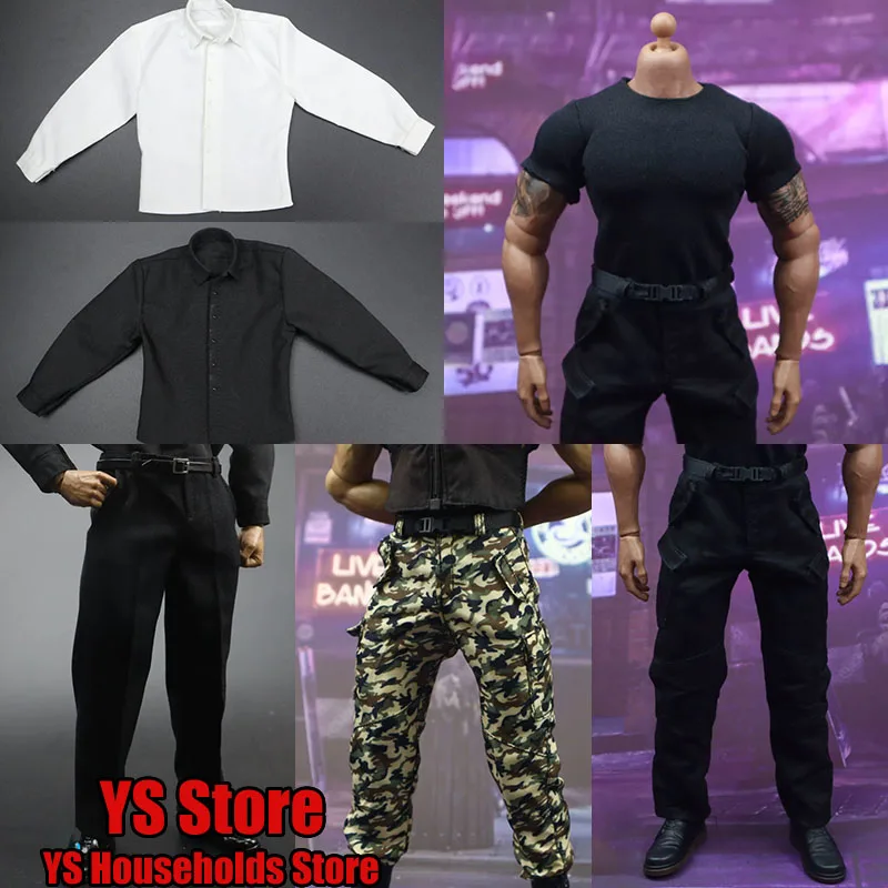 1/6 Man Soldier Black T-shirt Solid Color Shirt Suit Pants Belt Trendy Tooling Camouflage Trousers for AT027 Stong Male Body