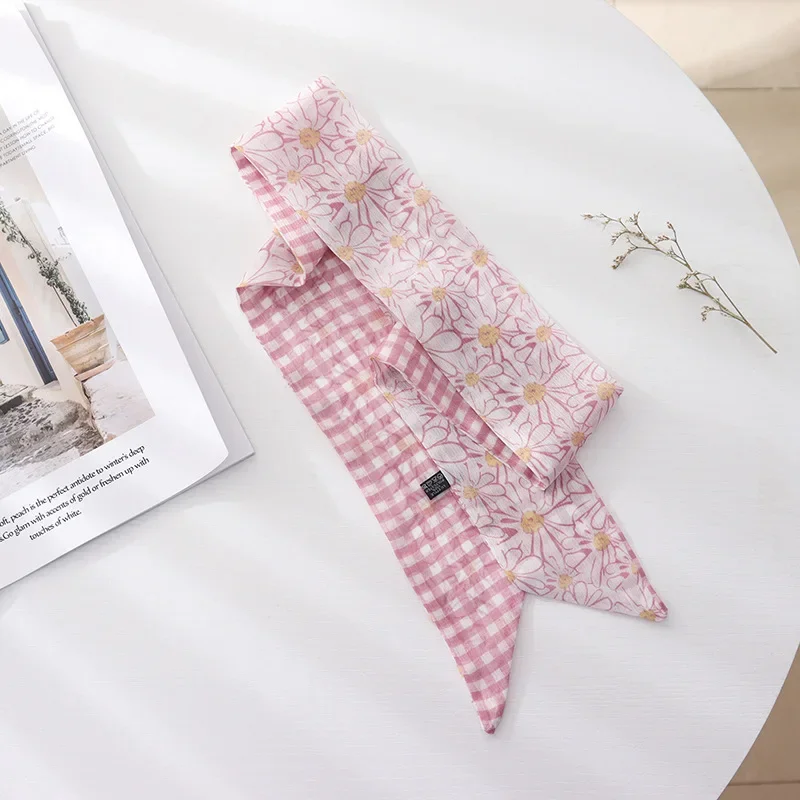 Syal Sutra Panjang Motif Bunga Kecil Warna Pink Retro Prancis untuk Musim Panas, Ikat Rambut, Headband, Syal Tipis Bahan Chiffon untuk Rambut Kepang