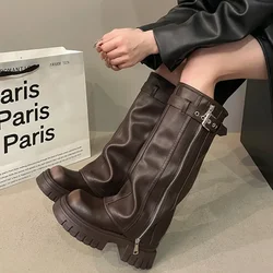 Winter Women Biker Boots Fashion Belt Buckle Ladies Elegant Platform Long Pipe Booties Casual Women's Knee High Booties 2395