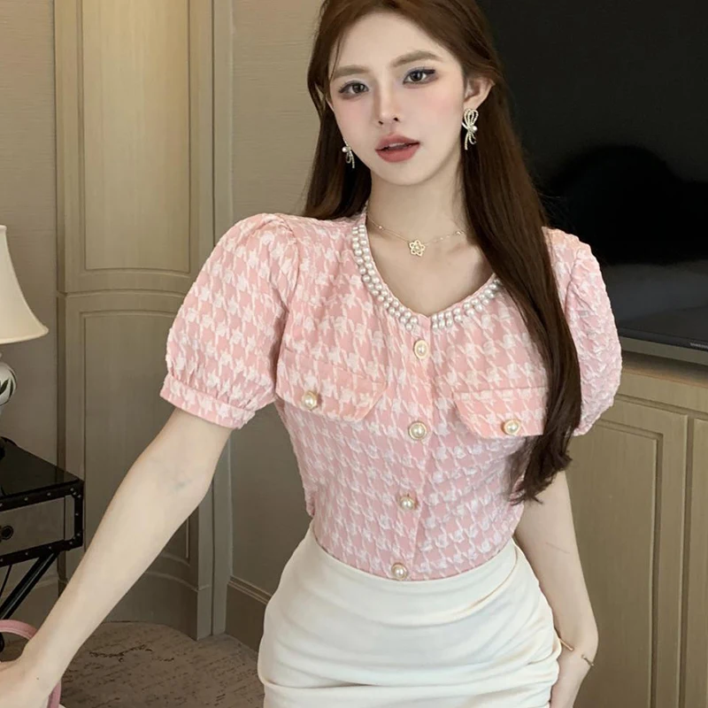 Rimocy Fashion Beading Round Neck Shirts Women Summer Korean Short Sleeve Pink Blouses Woman Chic Pearls Button Up Crop Tops