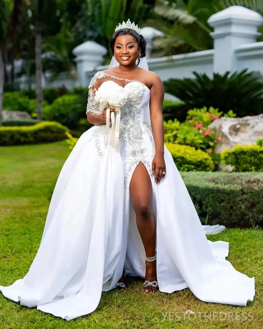 Slit South African Wedding Dresses Black Girls A-line One-shoulder Beaded Bridal Gown Vestido De Noiva Customized