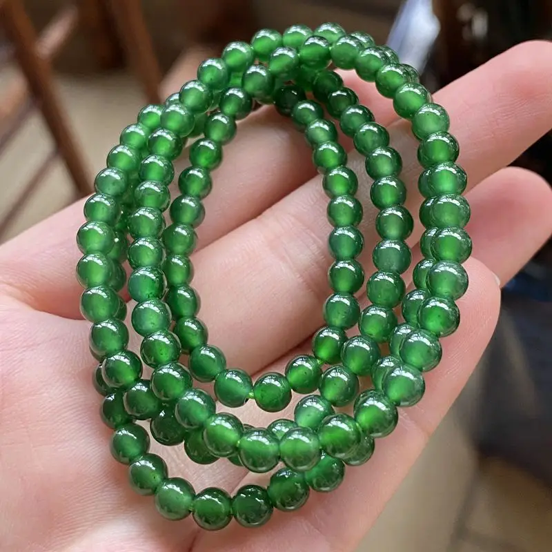 Natural a Cargo Jadeite Jade with Colored Ice-like Emperor Spicy Full Green High-End Multi-Circle Bead Necklace B