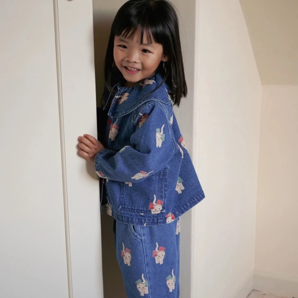 Children Clothes Set 2024 KS Girls Cute Print Dress Overalls Toddler Kid Jeans Braces Jacket Girl Denim Sling Dresses Jean Pants