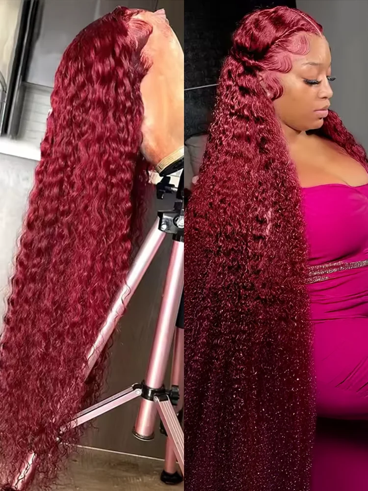 

30 38Inch 99J Burgundy Deep Wave 13x6 HD Lace Frontal Wig Human Hair 13x4 Curly Lace Front Pre Cut Wear Go 7x5 Glueless Wig 250%