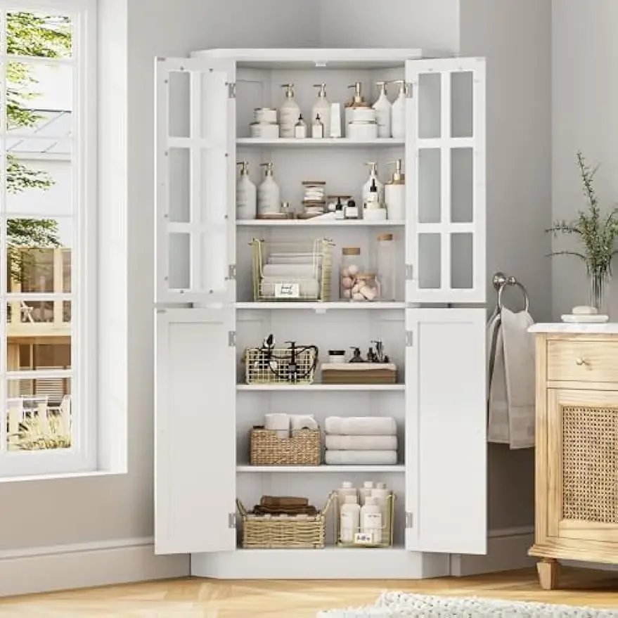 32.7W Large Corner Pantry Cabinet with Doors, Farmhouse Kitchen Corner Cabinet with 6 Storage Shelves,Dining Room, Kitchen White