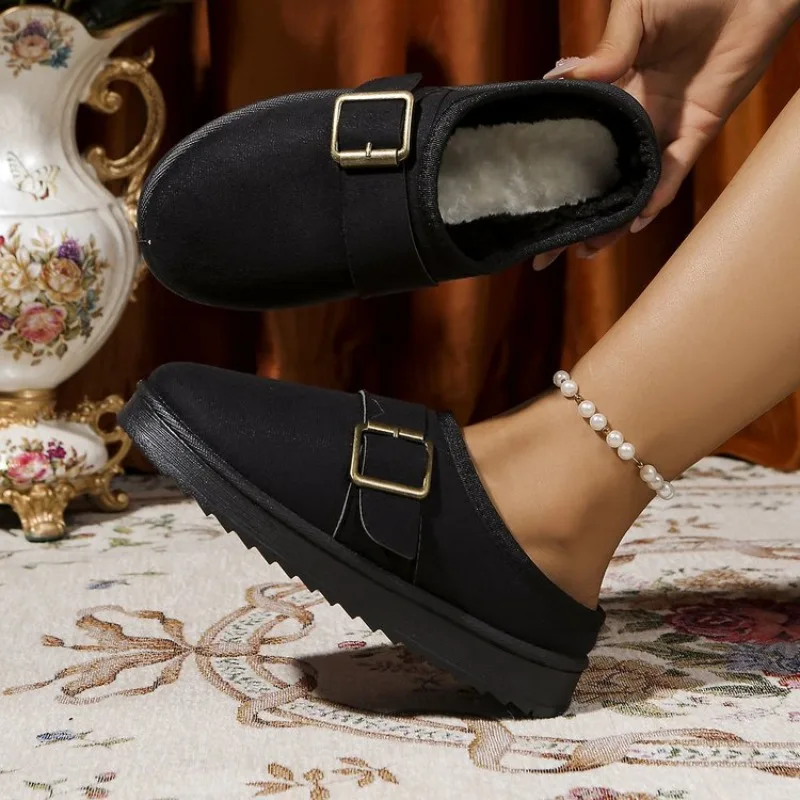 

Women Fur Slippers 2025 Winter Cotton Shoes Thick Sole Home Warm Toe Cap Semi Slipper Shoes Indoor Slingback Boots Flip Flops 44