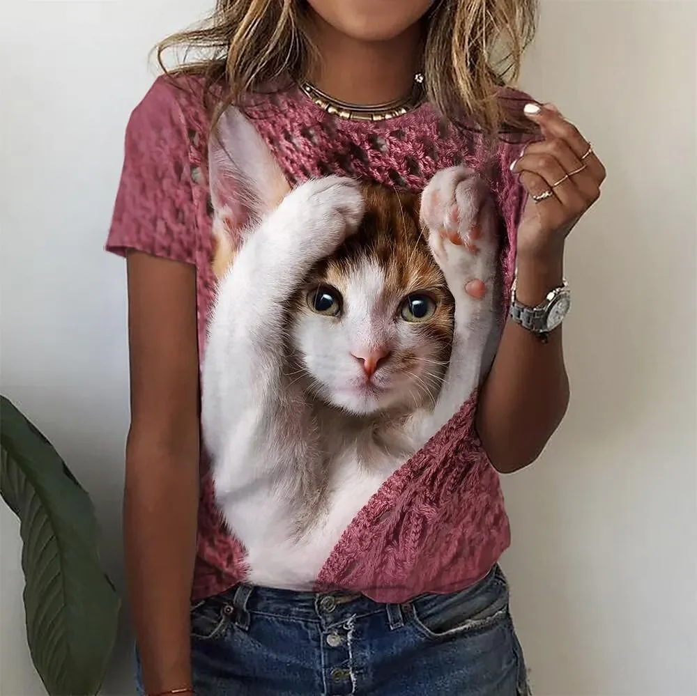 Women\'s T Shirts Funny 3D Kawaii Cat Print T-Shirts Fashion O-neck Short Sleeve Top Oversized Female Y2k Clothing Cute Girl Tees