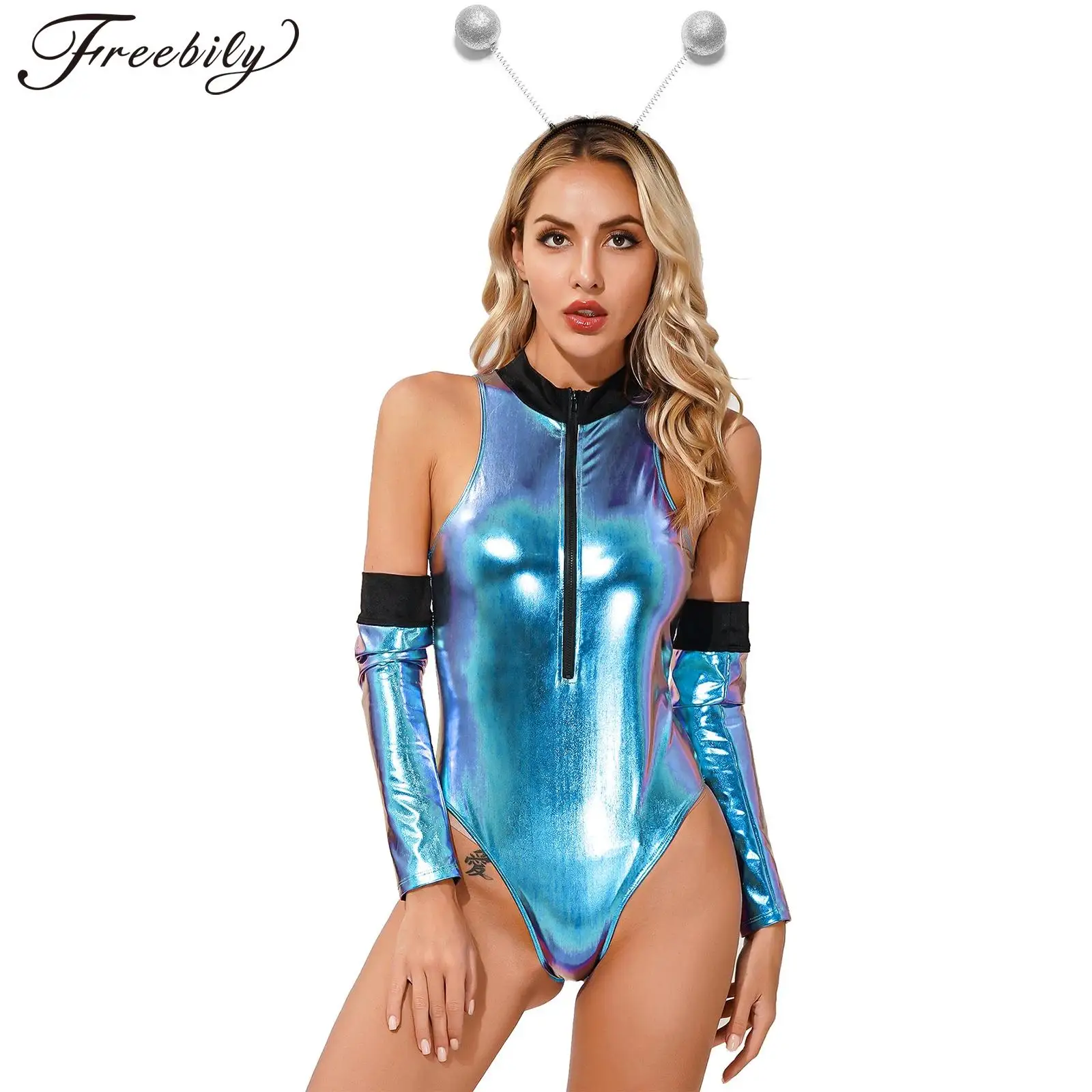 Women Halloween Alien Cosplay Costume Carnival Outer Space Saucer Man Role Play Outfit Sleeveless Shiny Bodysuit with Hair Hoop