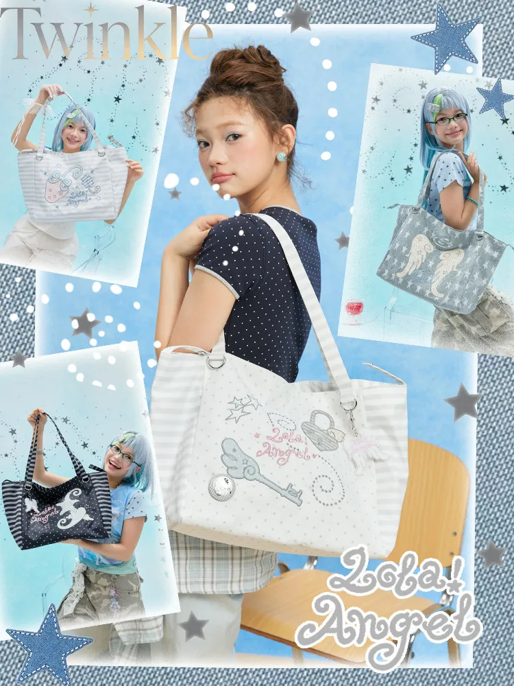 Y2K Polka Dot Embroidered Large Capacity Tote Bag Women College Student Lightweight Shoulder Bag Commuter Campus