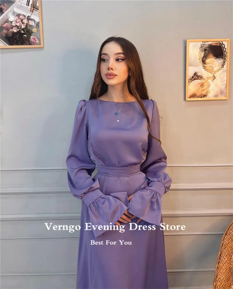 Verngo Simple Matte Satin Women Formal Party Dresses Long Sleeves O-Neck Ankle Length Modest Evening Prom Dress Customized