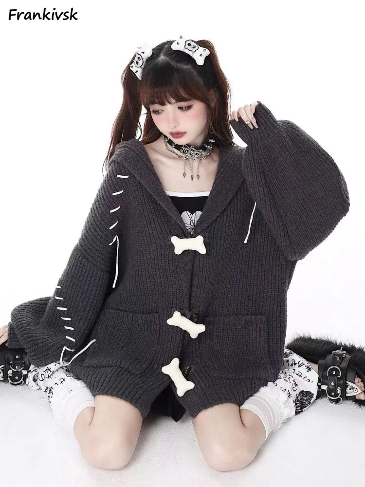 

Cardigan Women Japanese Preppy Style Bone Clasp Bandage Design Long Sleeve All-match Fashion Cozy Hooded Knitting Autumn Winter