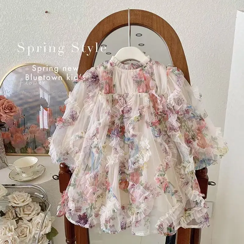 

Childrens Bow Cake Princess Dress Summer Puff 2025 New Solid Color Elegant Bubble Sleeve Mesh Princess Dress 90-150CM
