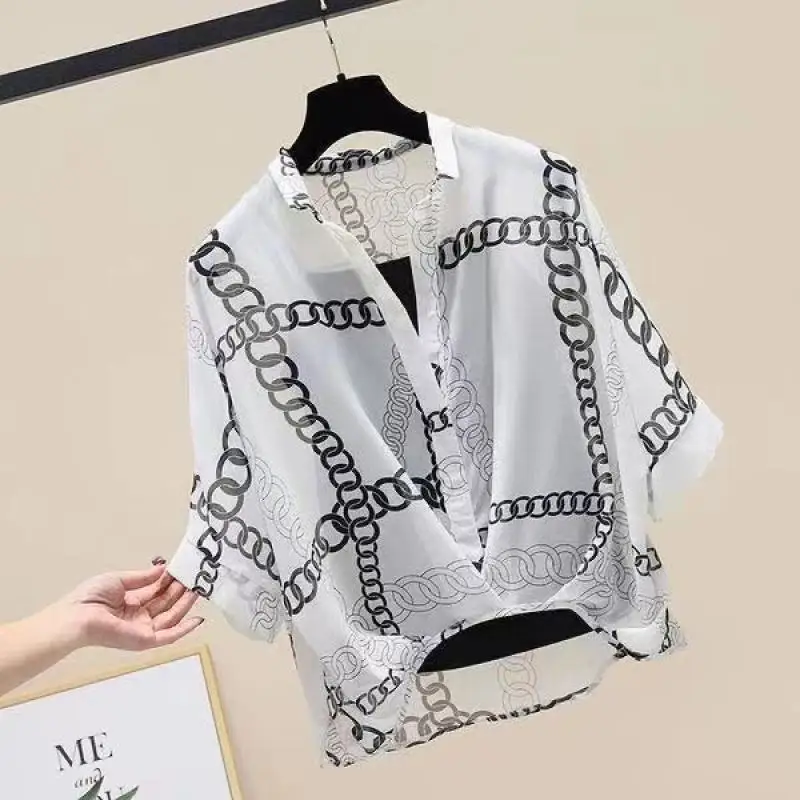 Women Summer Fashion Trend Loose Printing Appear Thin Chiffon Short Sleeve Shirts Women Clothes Casual All-match Cartoon Top Tee