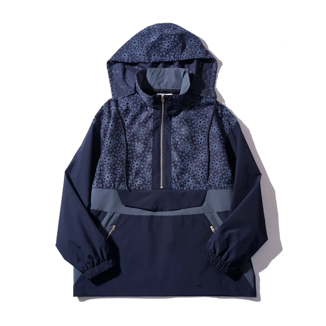 Semi-open neck hooded splicing color jacket Men's Spring 2025 Hollow outdoor function hooded coat