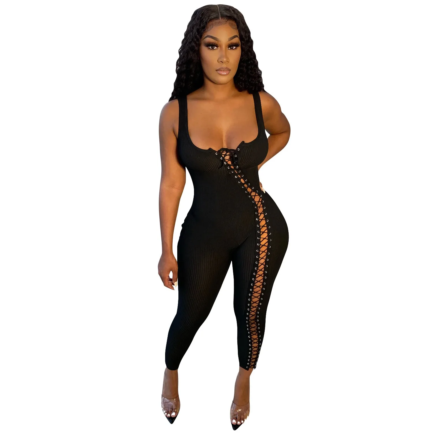 Sexy Nightclub Party Dance Gathering Club Banquet Solid-Color Slim-Fit Strappy Cutout Jumpsuit