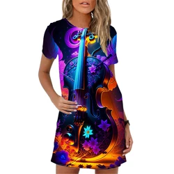 Fashion 3D Pattern Women Dress Casual Short Sleeve Guitar Jellyfish Butterfly Print A-Line Dress New 2024 Summer Woman Dresses