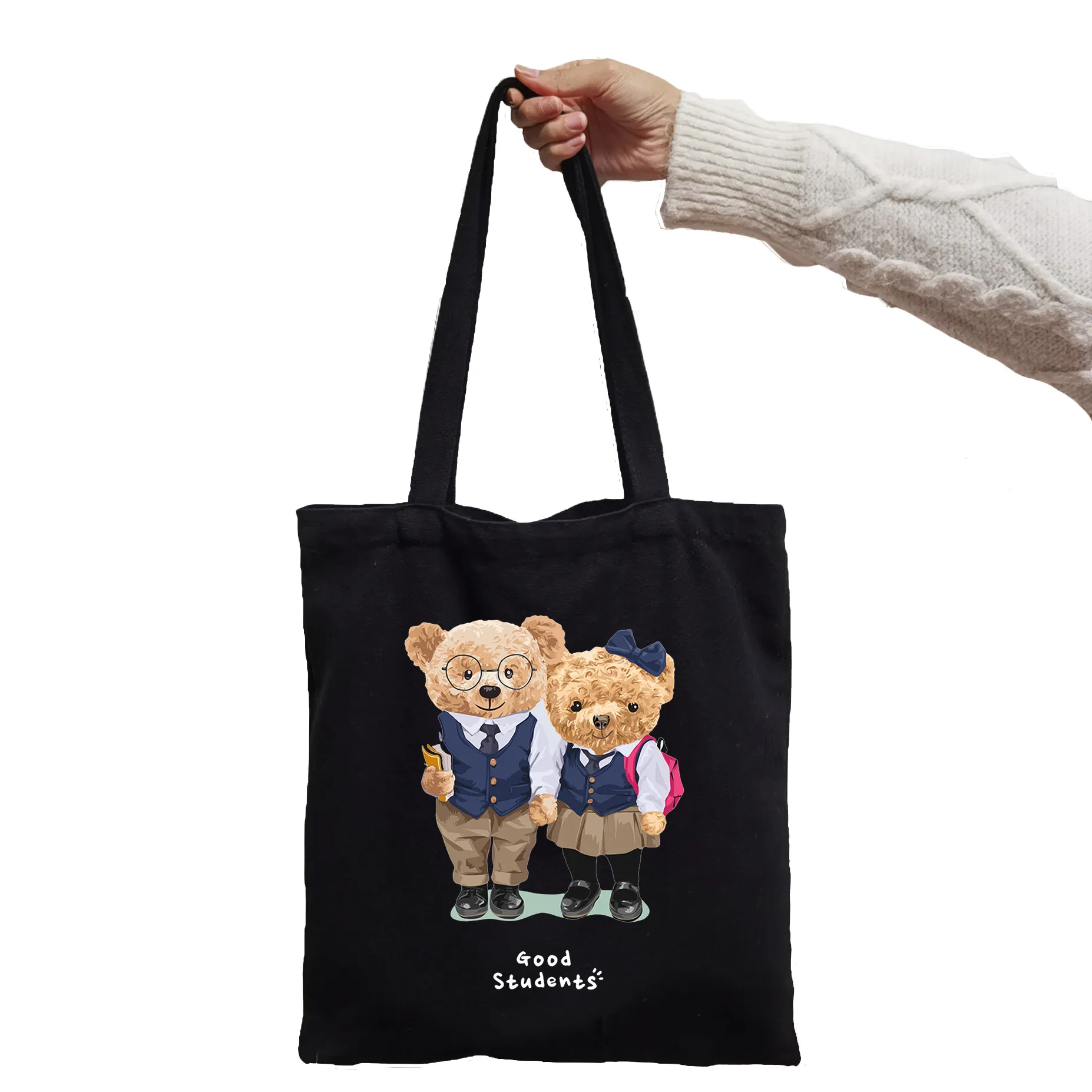 Torba na zakupy Good Students Bear Rush Hour Bear Print Cool Shopper Bag Shopper Black White Women Fashion torby na ramię Tote bag