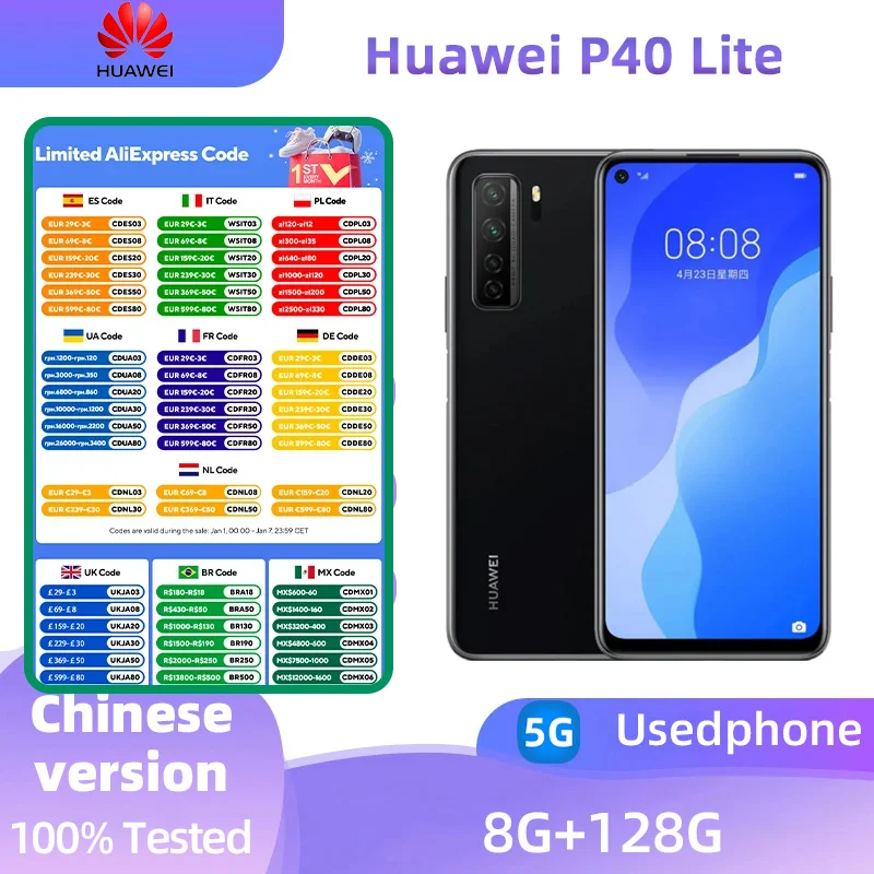 Huawei P40 Lite 5G Android SmartPhone 6.5inch Screen CPU HiSilicon Kirin 820 4000mAh Battery 64MP Camera  Used Phone