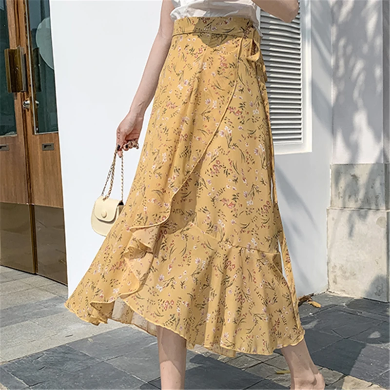 Einteilige binden Frauen Chiffon Blumen röcke hohe Taille elegante Chiffon gedruckt lässige Midi A-Linie Röcke weiblich 2024 neu